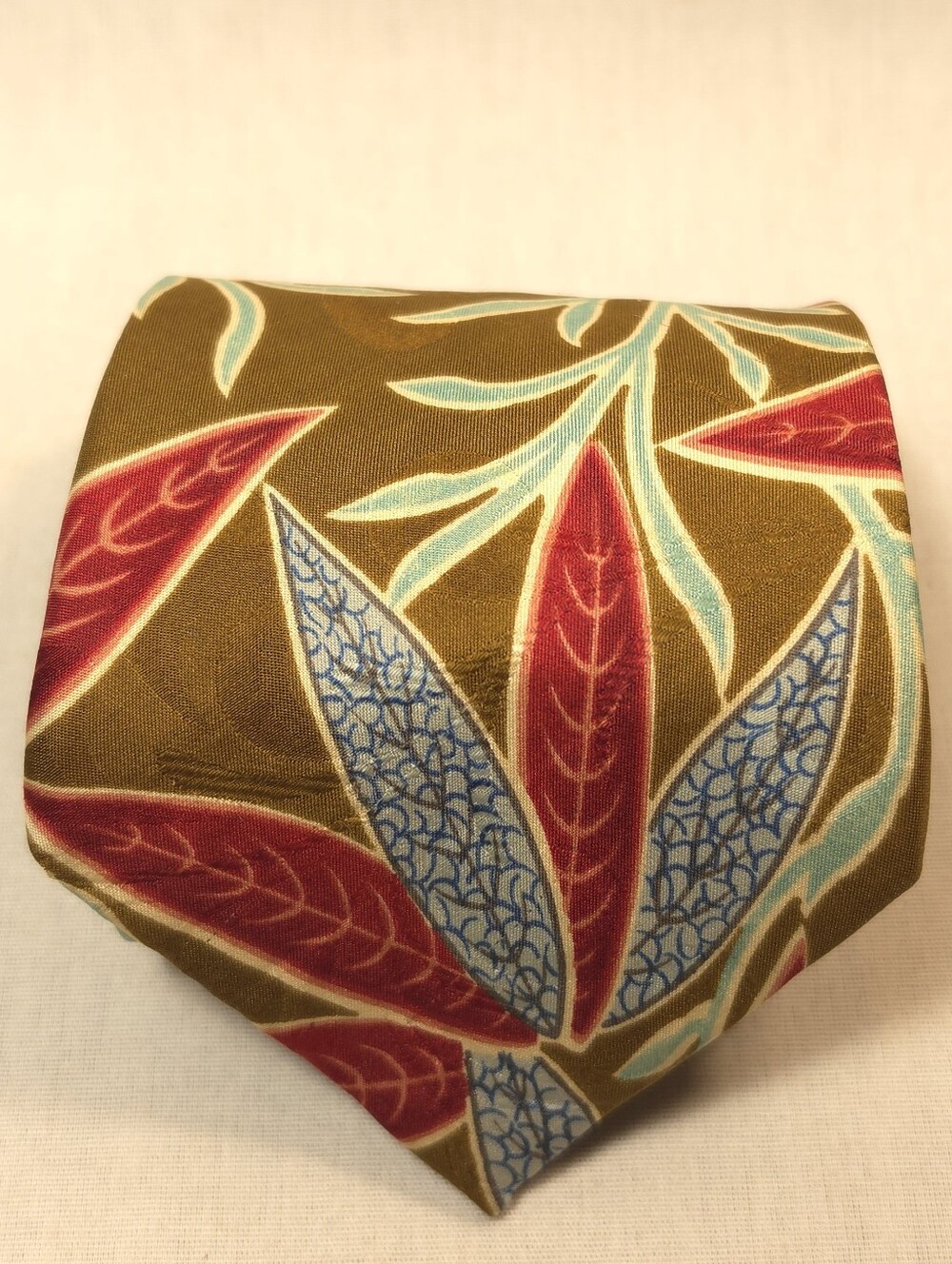 Mario Valentino Olive Green Silk Tie with Red and Light Blue Leaf Motif